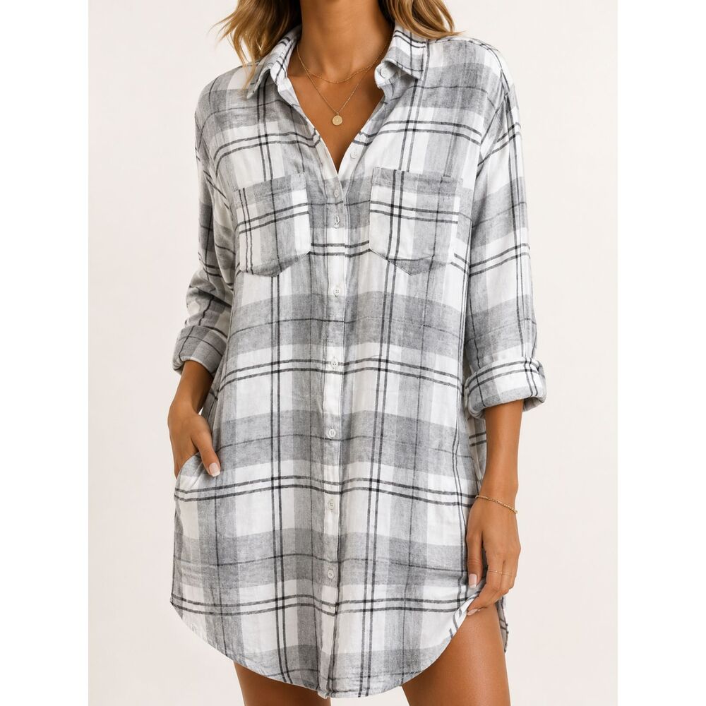 Thread & Supply Rizzy Plaid Flannel Shirt Dress Gray White Rayon Size Medium NWT